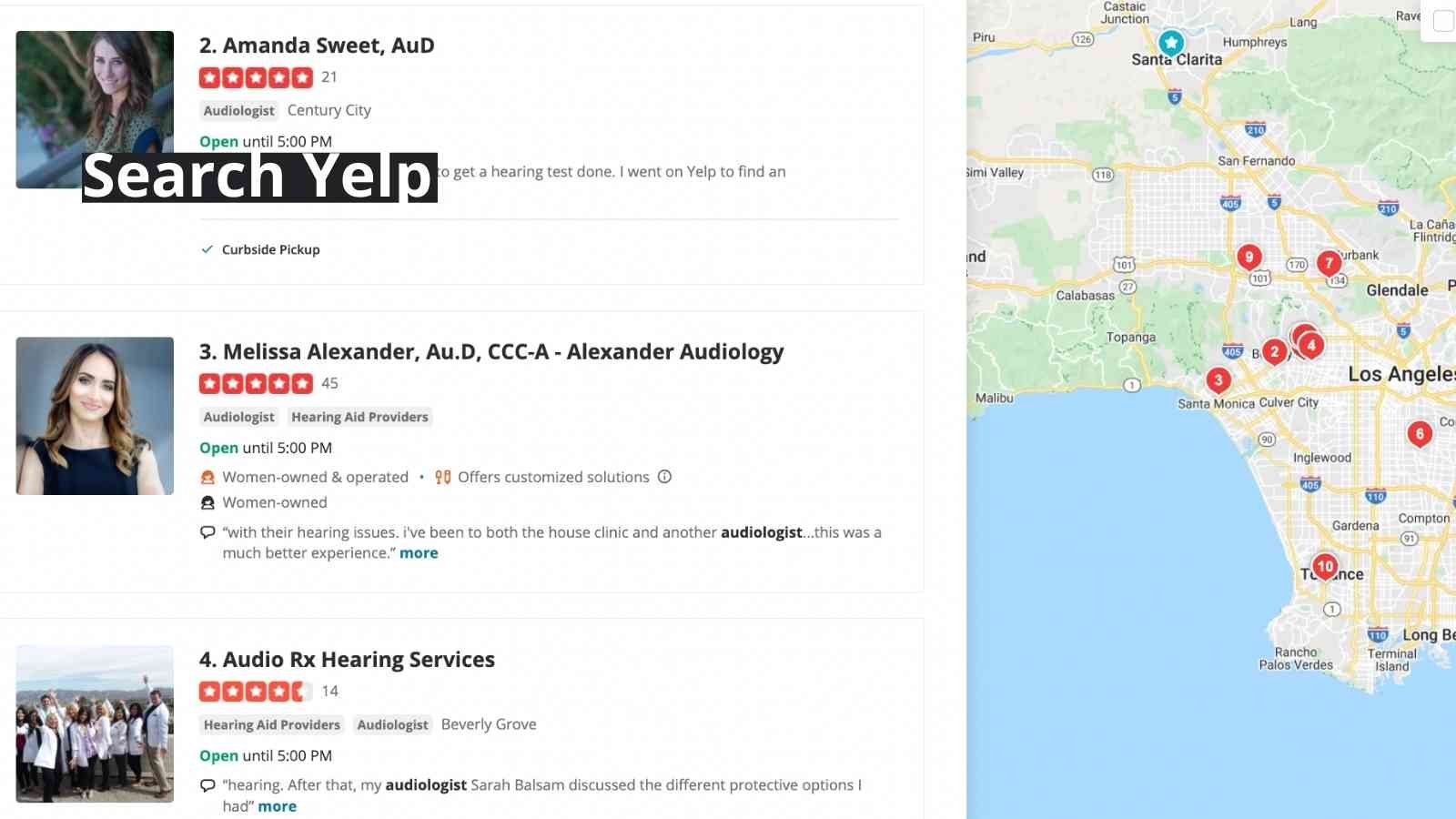 Image shows a yelp search for a Starkey audiologist
