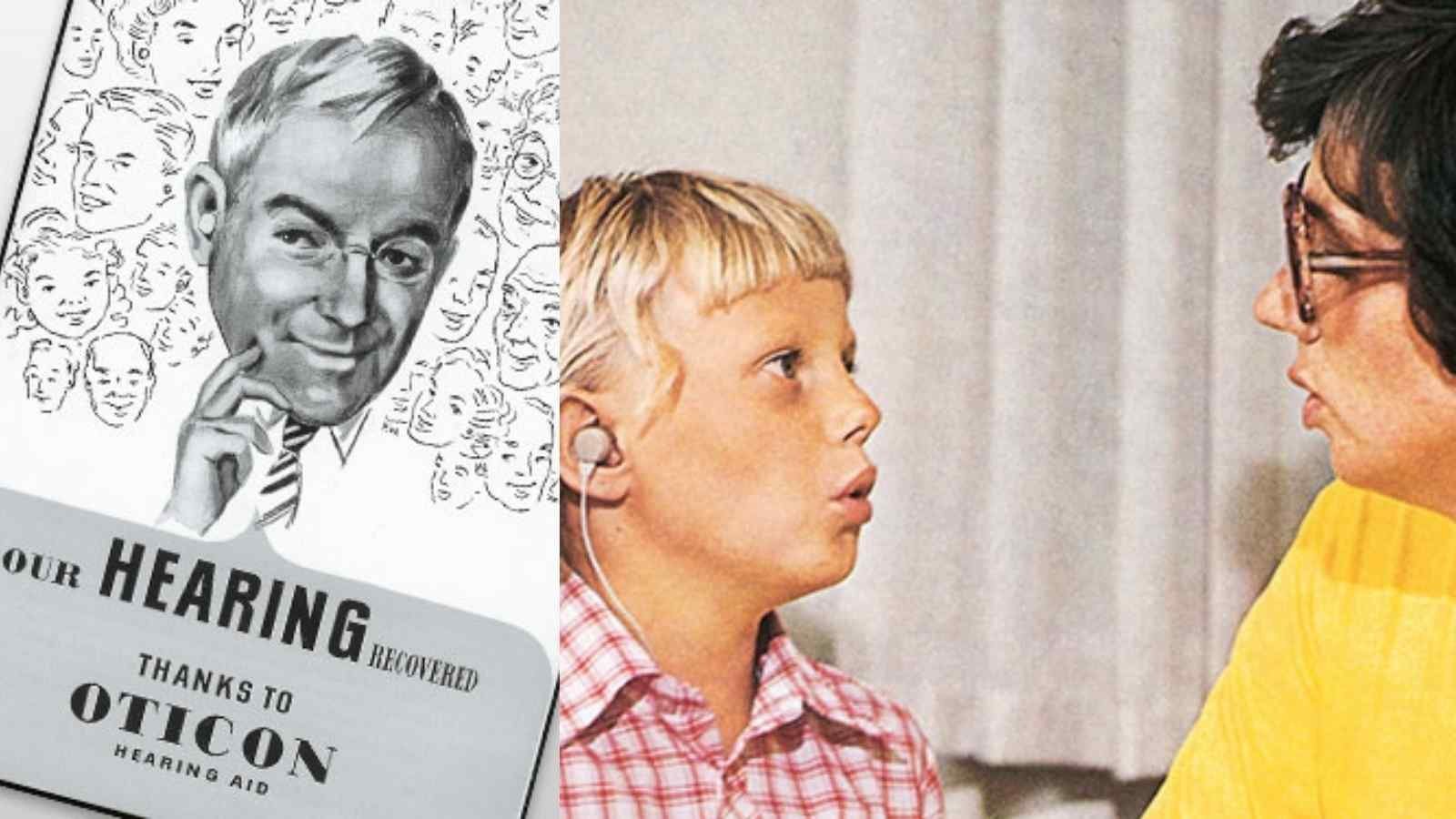 Image of an old Oticon ad and a child trying Oticon products in the mid 1900s