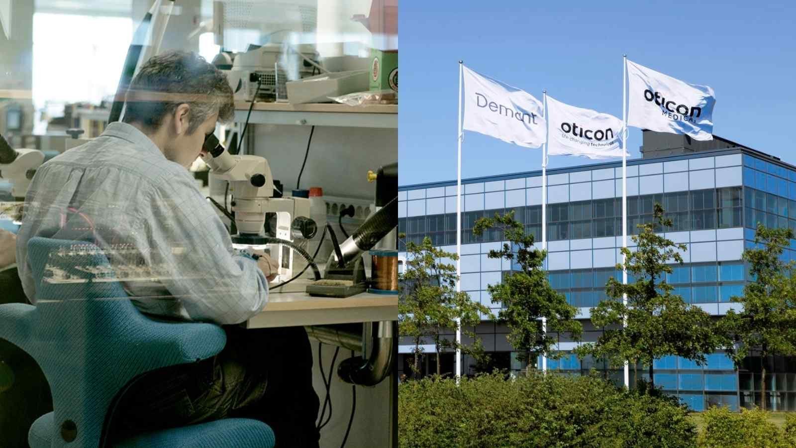 Image of an Oticon researcher and the flags in front of Demant's headquarters