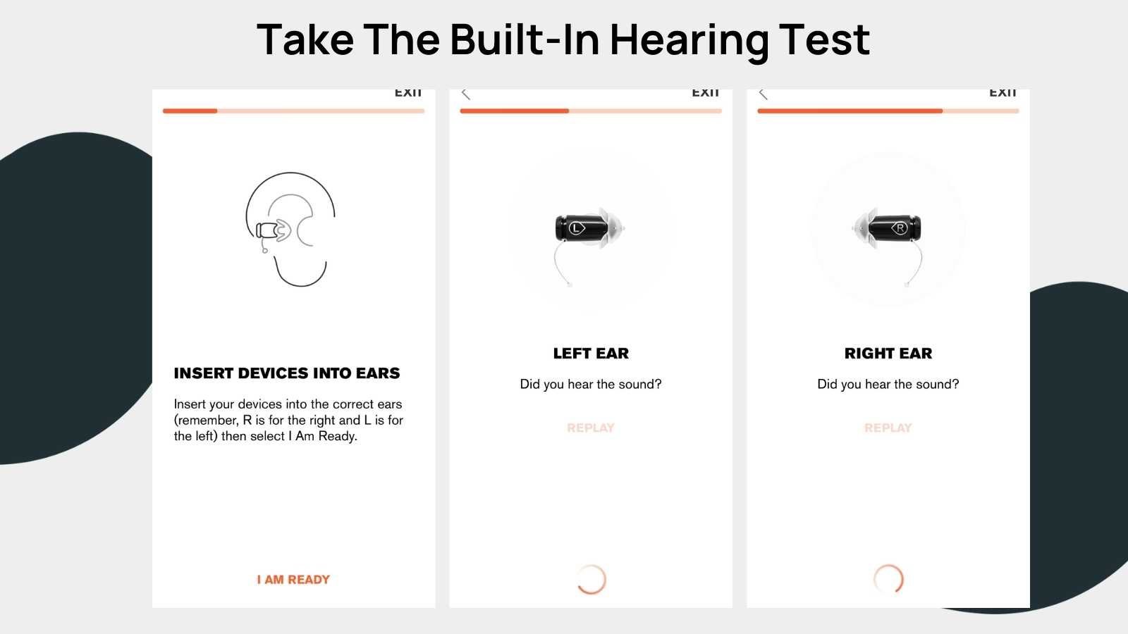 screeshots from the Eargo hearing test