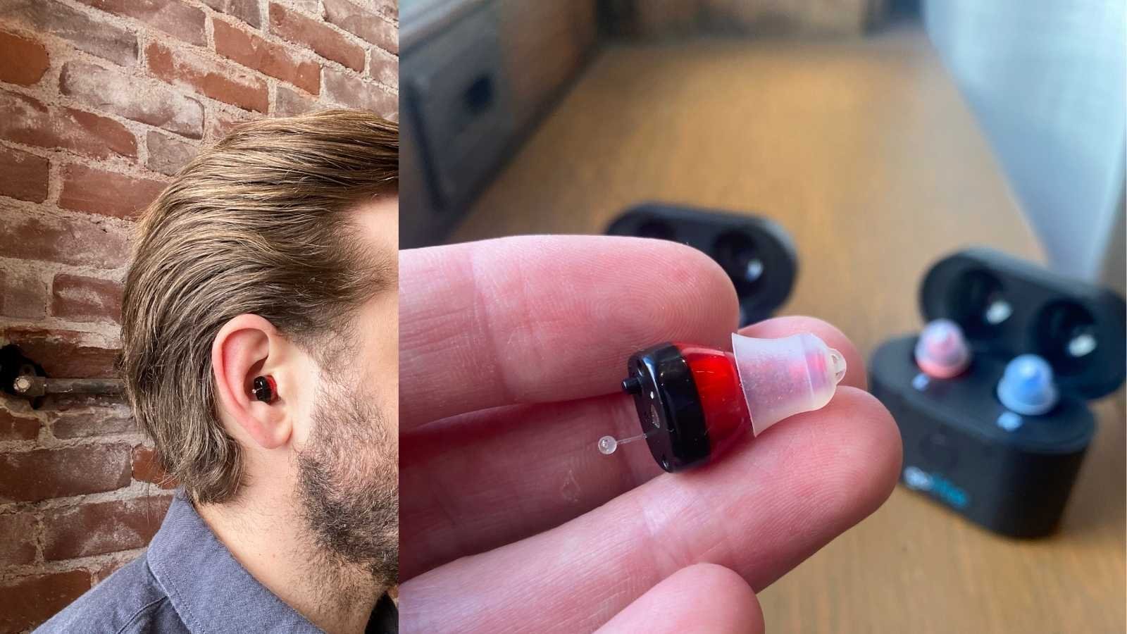 Go hearing aid in ear and in hand