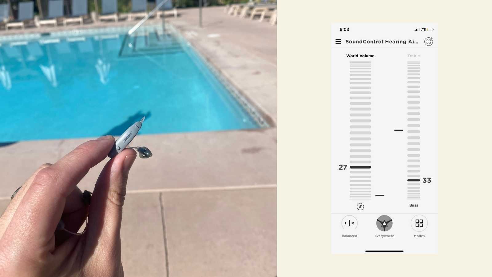 Bose hearing aids in hand by a pool