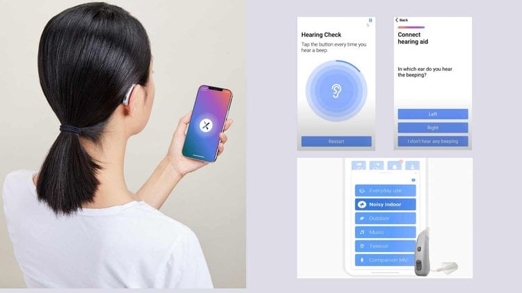 Image of a woman using the lexie hearing aid app to program her hearing aids