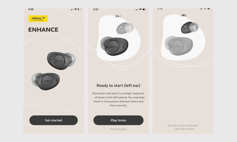 Screenshots of Jabra Enhance Hearing Test