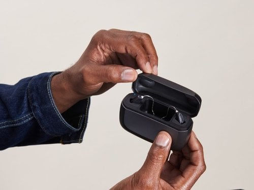 Photo of ReSound hearing aids in a recharging case