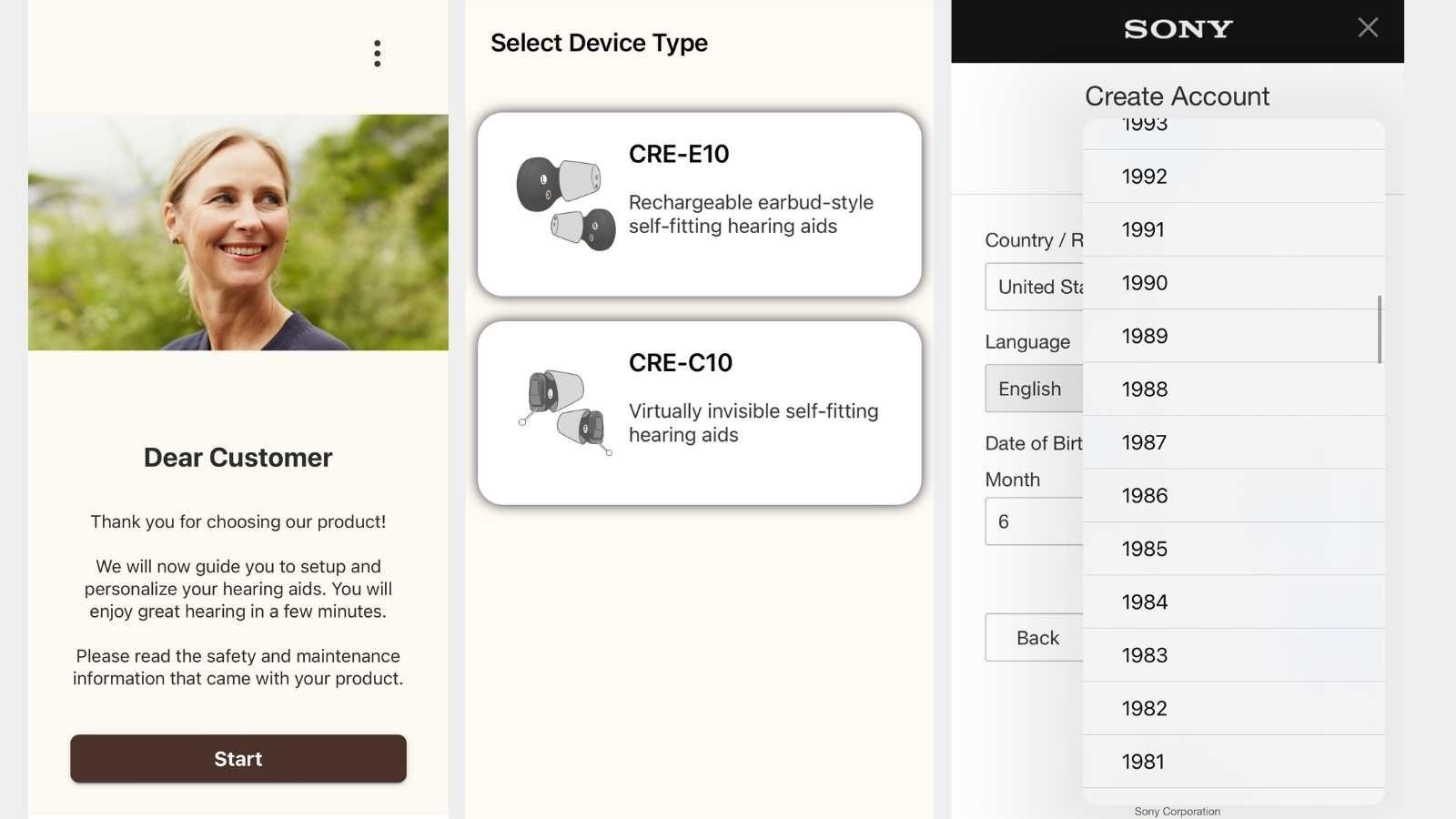 Screenshots of the Sony app onboarding screens