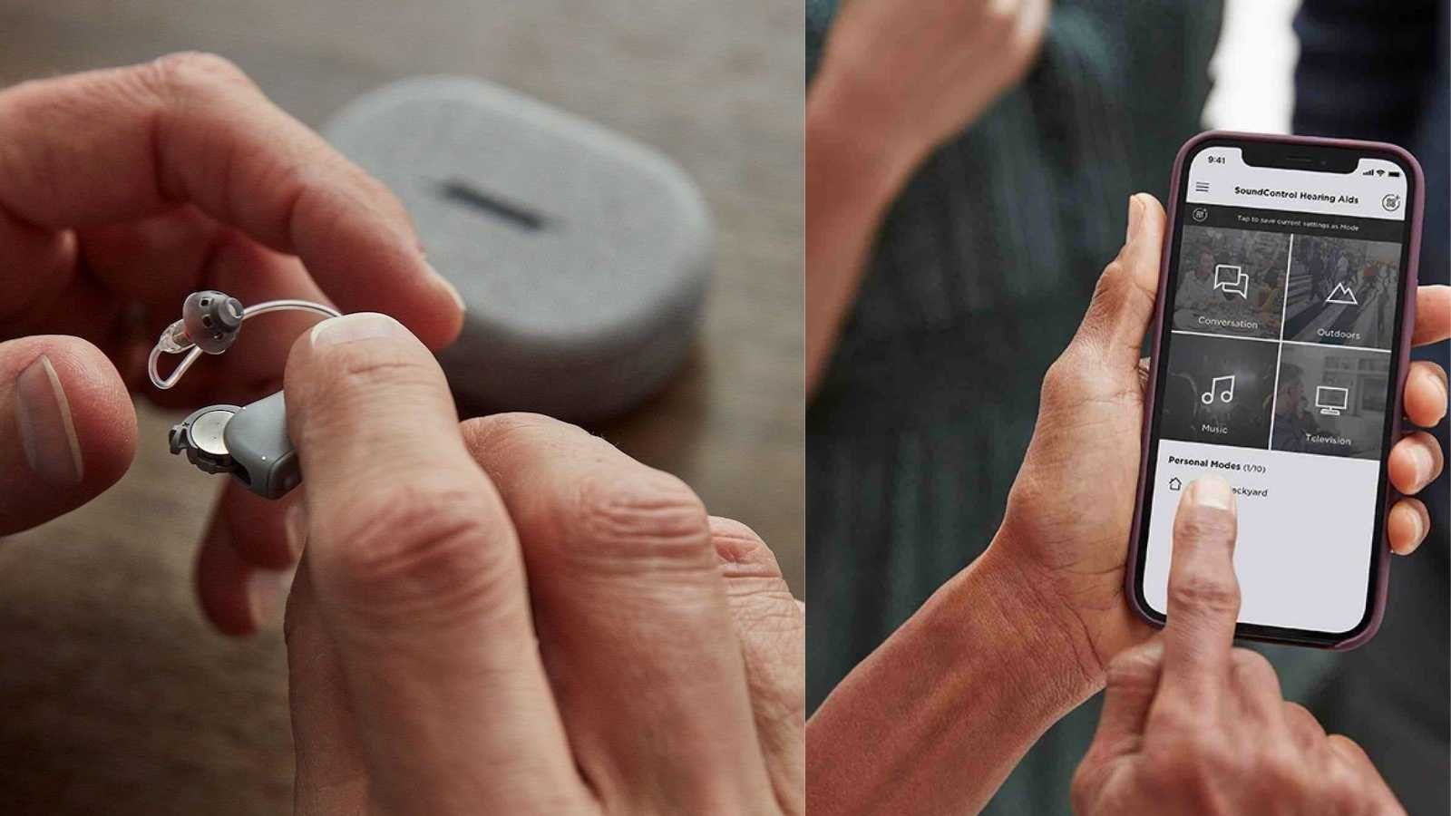 Image of a man holding Bose SoundControl hearing aids and the Bose app being used to tune them