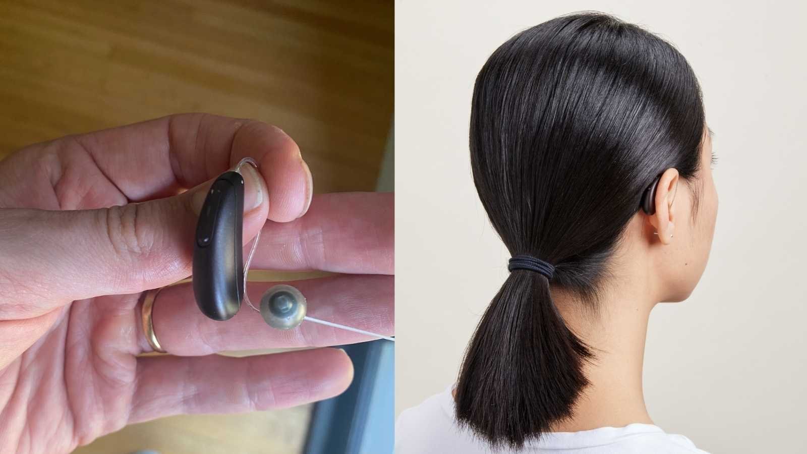 Image of the Audicus Omni hearing aid in hand and behind a woman's ear